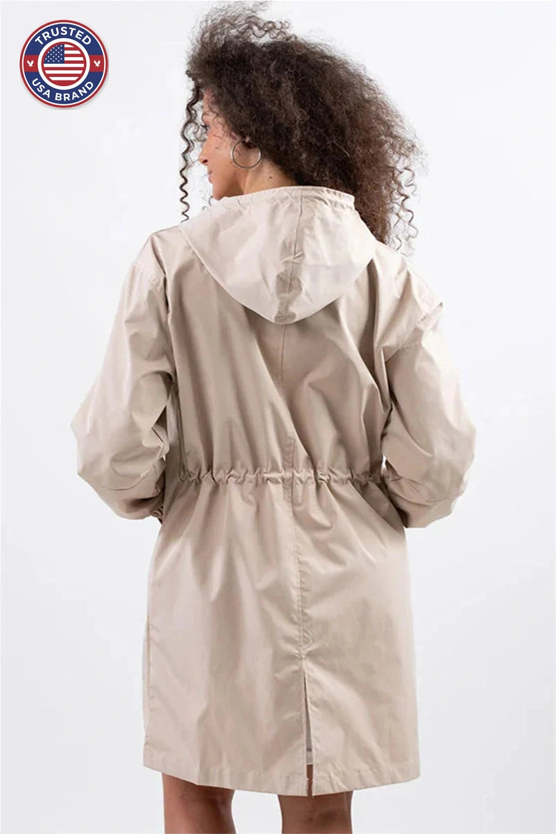 Women's button-front hooded knee winter parka with elasticated cuffs - Cherry Red