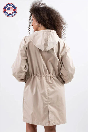 Women's button-front hooded knee winter parka with elasticated cuffs - Cherry Red