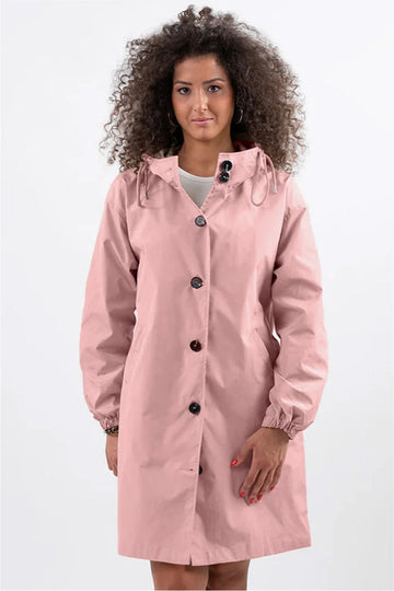 Women's button-front hooded knee winter parka with elasticated cuffs - Cherry Red