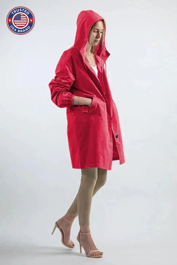 Women's button-front hooded knee winter parka with elasticated cuffs - Cherry Red