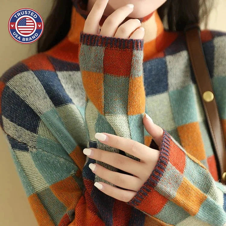 Plaid winter sweater with crew neck for women