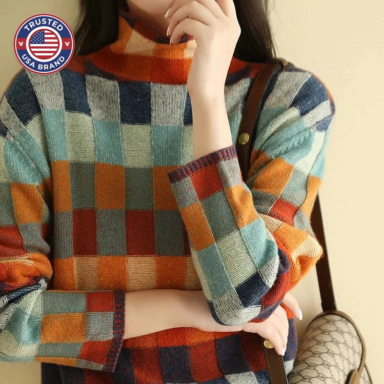 Plaid winter sweater with crew neck for women