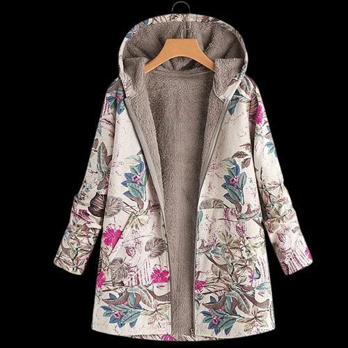 Women's floral zip-up hooded winter parka with sherpa fleece lining - White