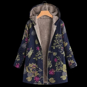 Women's floral zip-up hooded winter parka with sherpa fleece lining - White