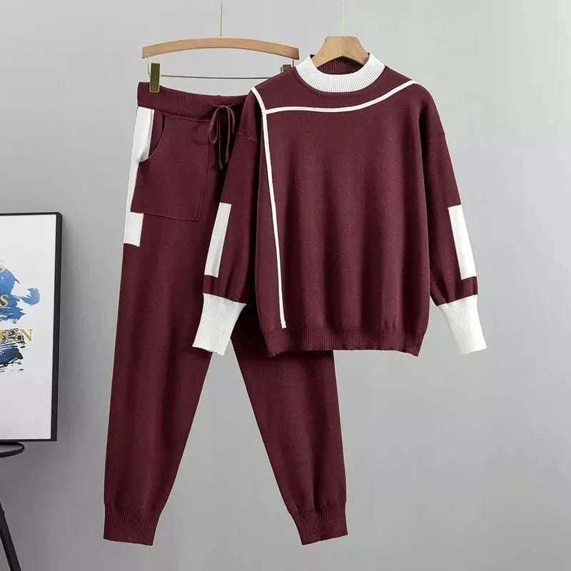 Women's colorblock knit stand collar winter two piece set - Burgundy