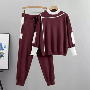 Women's colorblock knit stand collar winter two piece set - Burgundy