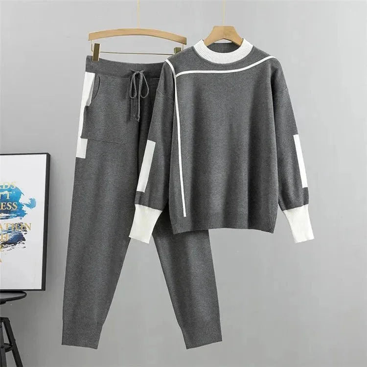 Women's colorblock knit stand collar winter two piece set - Burgundy