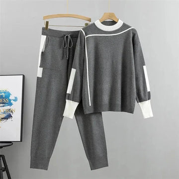 Women's colorblock knit stand collar winter two piece set - Burgundy