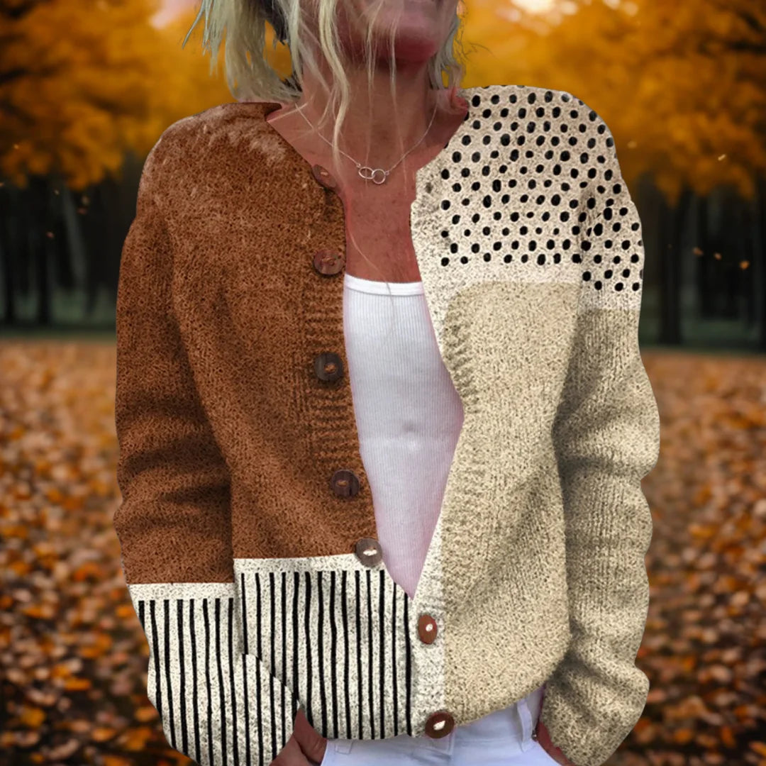 Women's colorblock knit button-front winter cardigan in brown - Multicolour