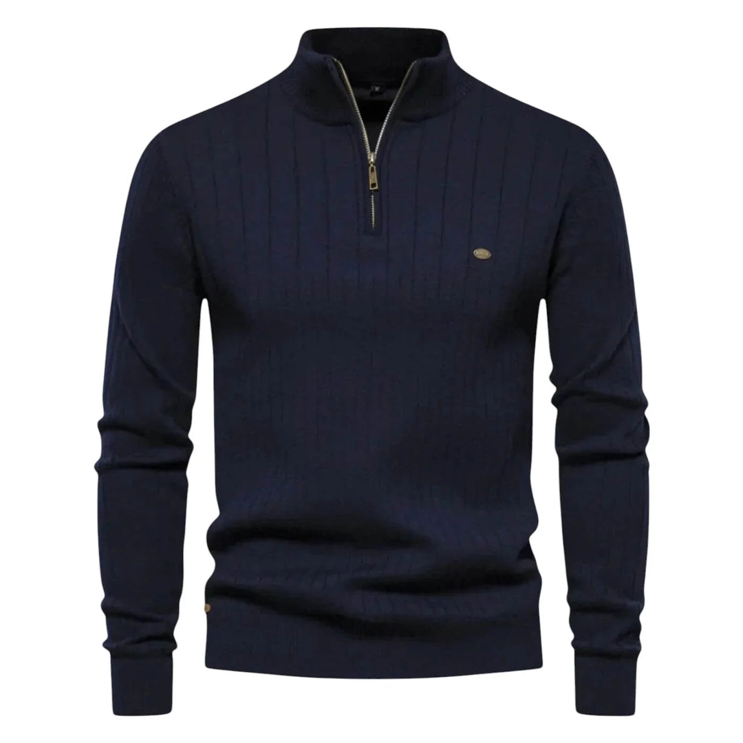 Women's ribbed stand collar winter half zip sweater with small chest emblem - Blue