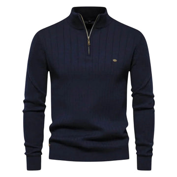 Women's ribbed stand collar winter half zip sweater with small chest emblem - Blue