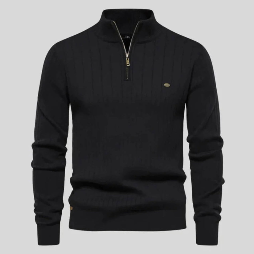 Women's ribbed stand collar winter half zip sweater with small chest emblem - Blue