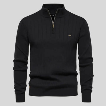 Women's ribbed stand collar winter half zip sweater with small chest emblem - Blue
