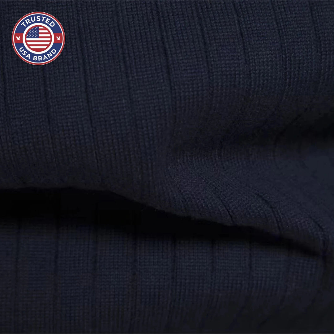 Women's ribbed stand collar winter half zip sweater with small chest emblem - Blue