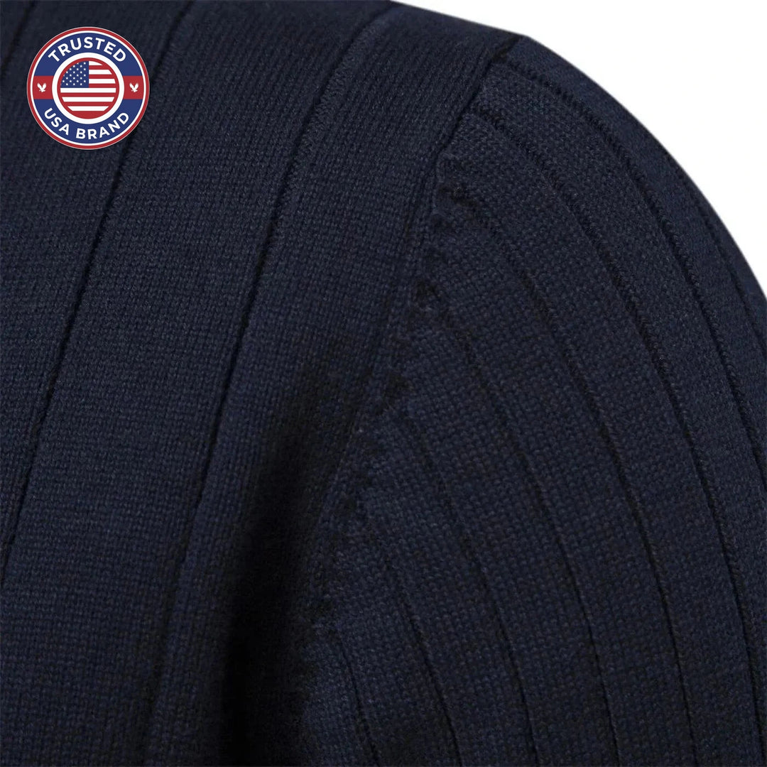 Women's ribbed stand collar winter half zip sweater with small chest emblem - Blue