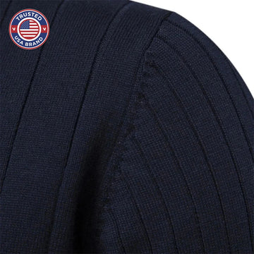 Women's ribbed stand collar winter half zip sweater with small chest emblem - Blue