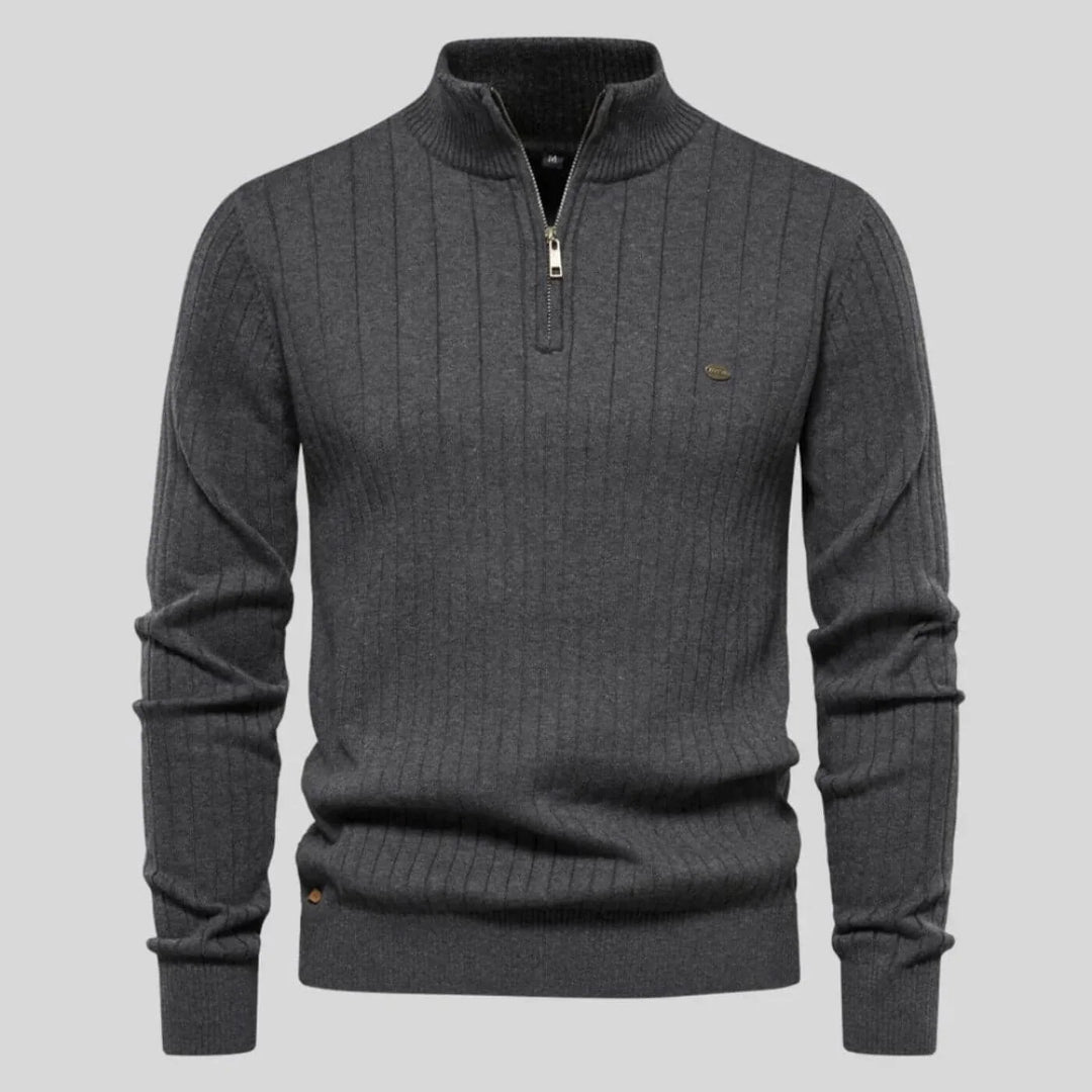Women's ribbed stand collar winter half zip sweater with small chest emblem - Blue