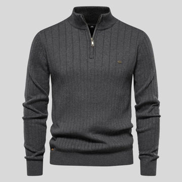 Women's ribbed stand collar winter half zip sweater with small chest emblem - Blue