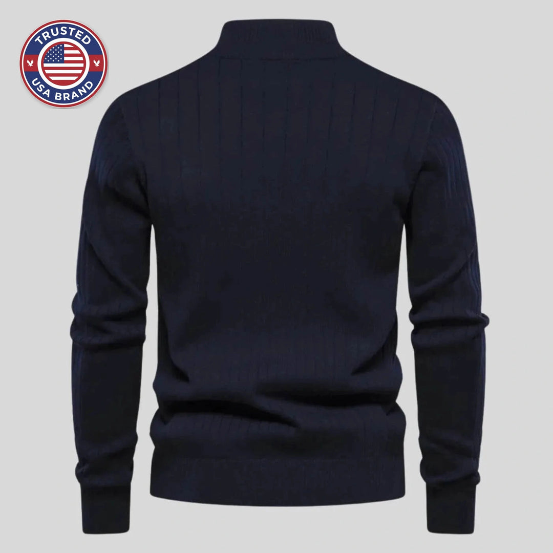 Women's ribbed stand collar winter half zip sweater with small chest emblem - Blue