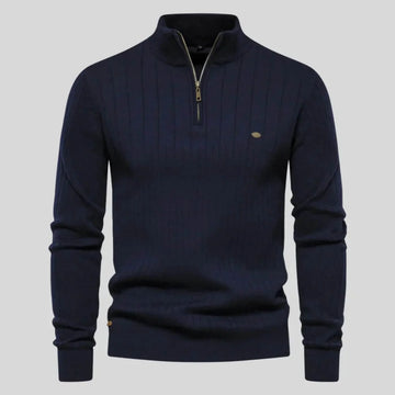 Women's ribbed stand collar winter half zip sweater with small chest emblem - Blue