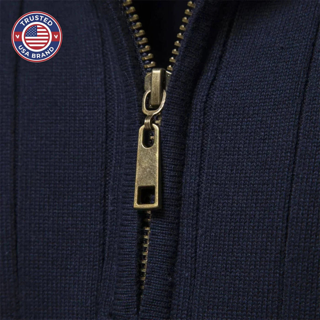 Women's ribbed stand collar winter half zip sweater with small chest emblem - Blue