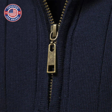 Women's ribbed stand collar winter half zip sweater with small chest emblem - Blue