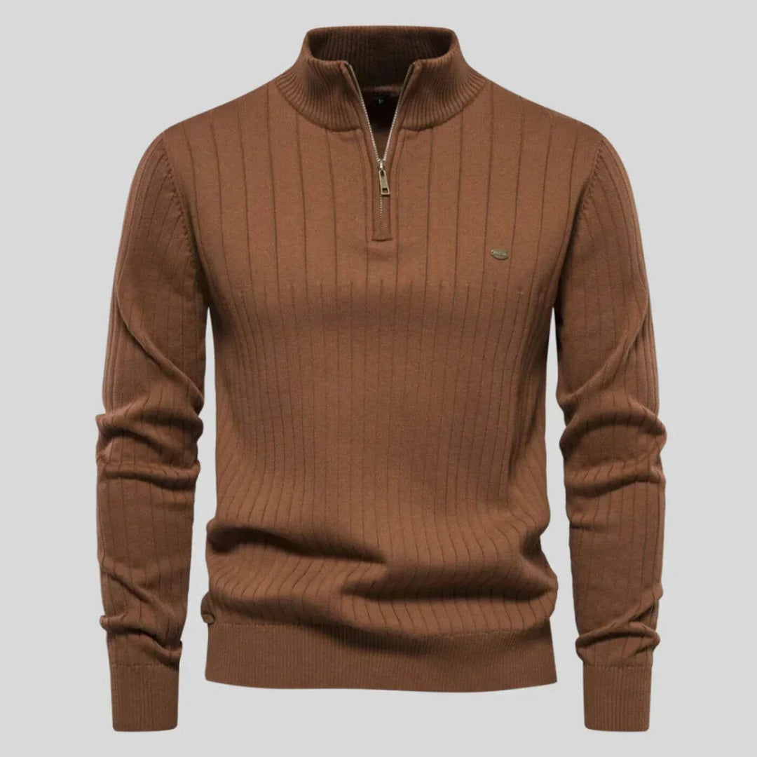Women's ribbed stand collar winter half zip sweater with small chest emblem - Blue