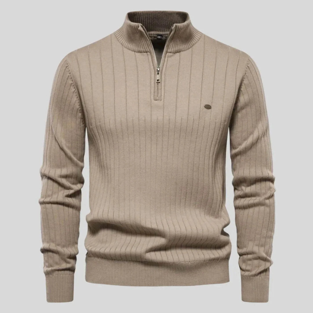 Women's ribbed stand collar winter half zip sweater with small chest emblem - Blue