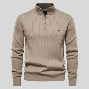 Women's ribbed stand collar winter half zip sweater with small chest emblem - Blue