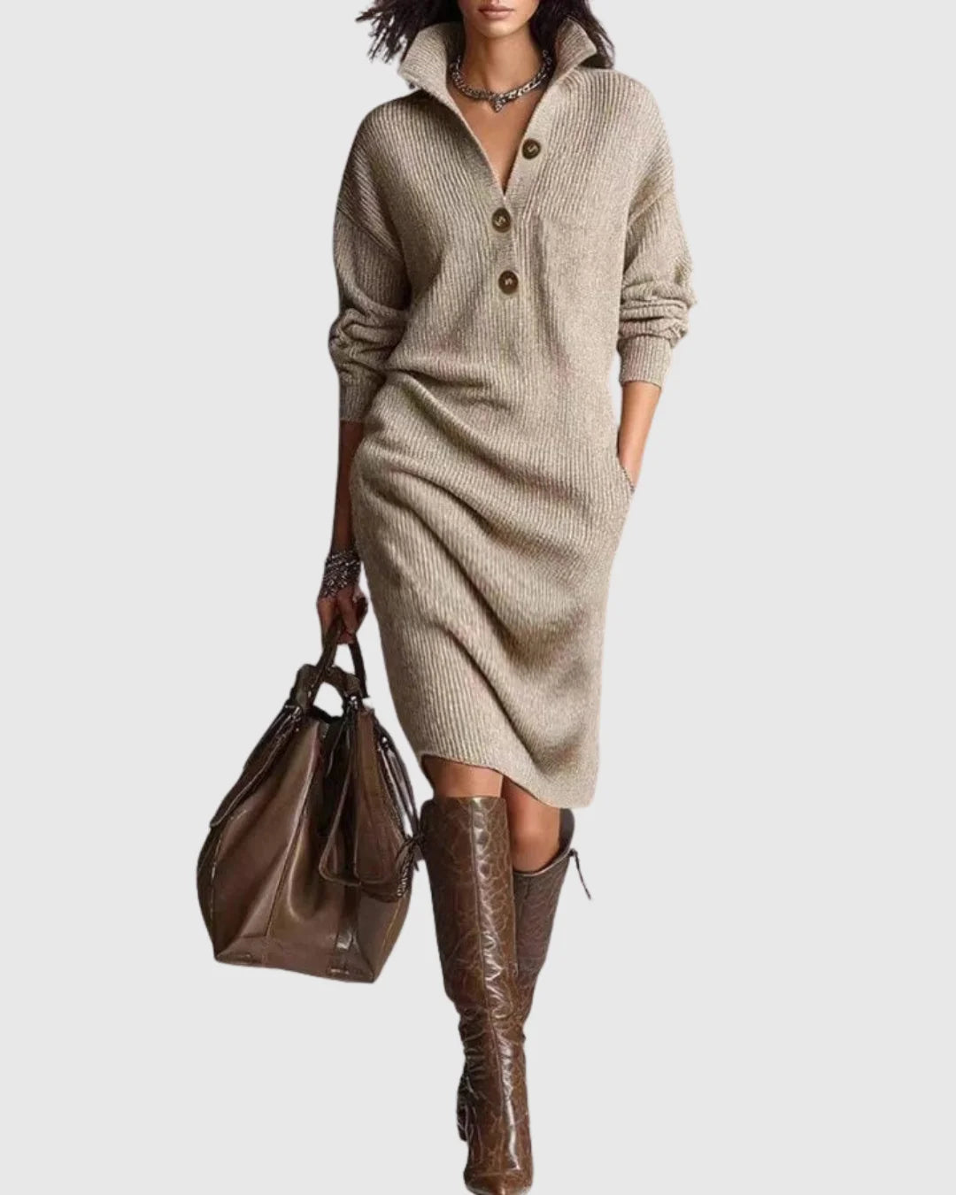 Women's ribbed button-front collared winter sweater dress