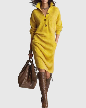Women's ribbed button-front collared winter sweater dress