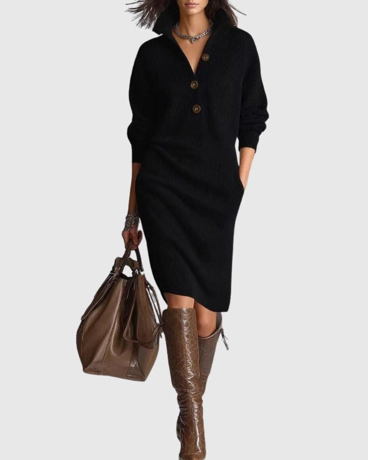 Women's ribbed button-front collared winter sweater dress