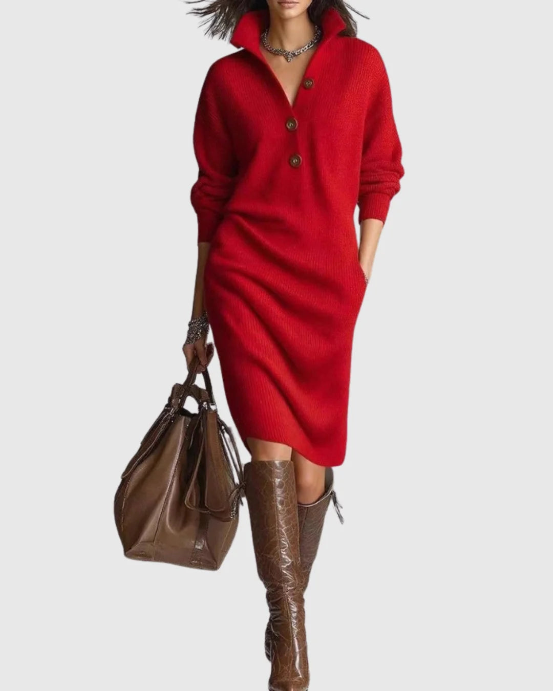 Women's ribbed button-front collared winter sweater dress