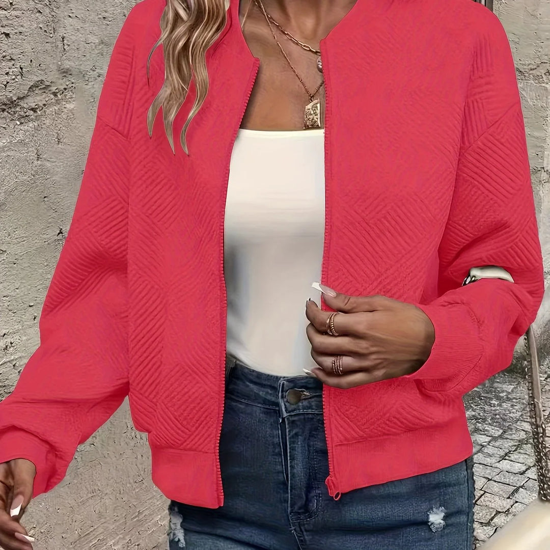 Women's quilted zip-up winter bomber jacket with full zip closure in Dusty Rose