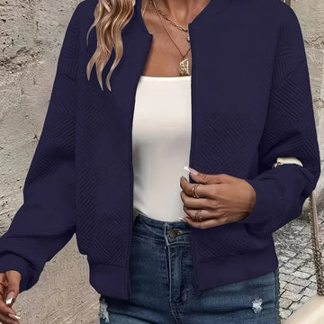 Women's quilted zip-up winter bomber jacket with full zip closure in Navy Blue