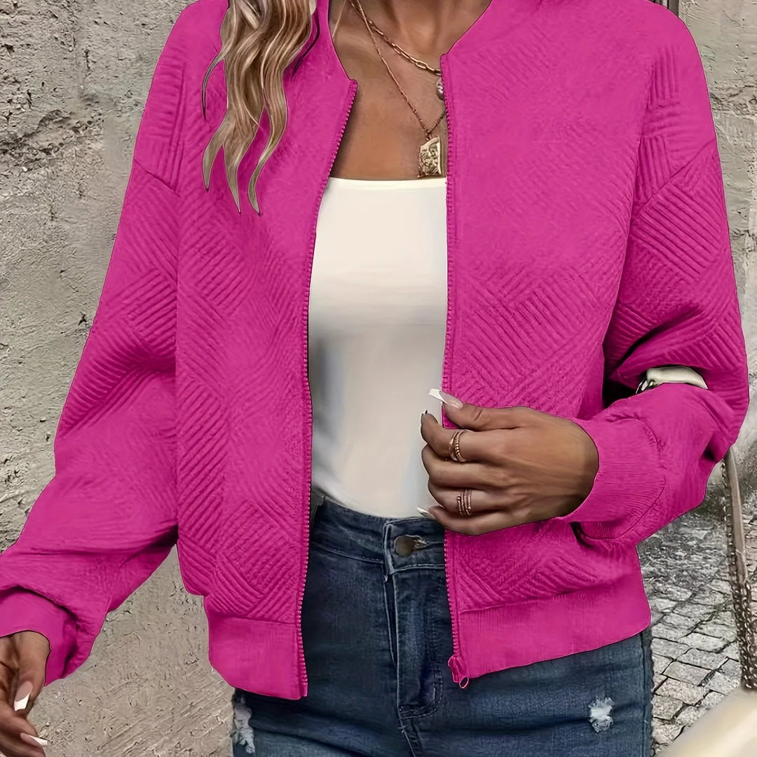 Women's quilted zip-up winter bomber jacket with full zip closure in Rose Red