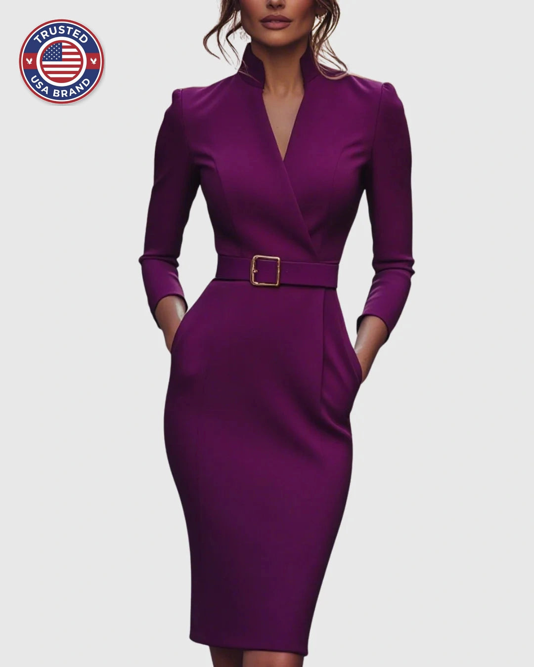 Women's mock wrap winter midi dress with three-quarter sleeves, belted