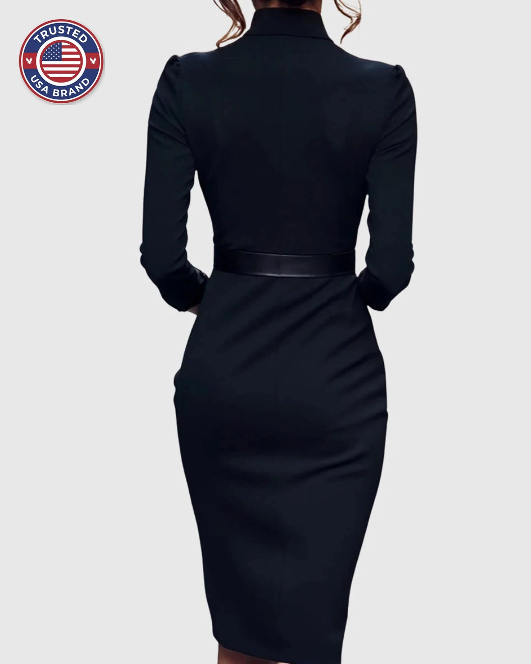Women's mock wrap winter midi dress with three-quarter sleeves, belted