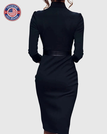Women's mock wrap winter midi dress with three-quarter sleeves, belted
