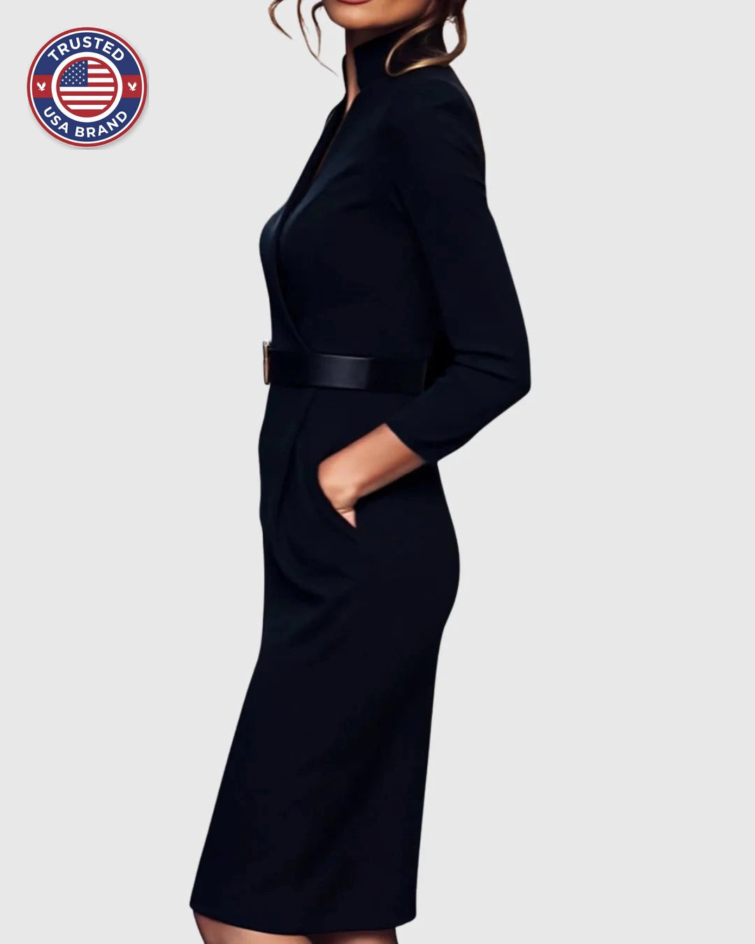 Women's mock wrap winter midi dress with three-quarter sleeves, belted