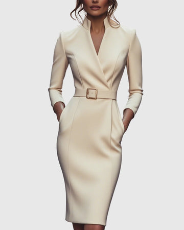 Women's mock wrap winter midi dress with three-quarter sleeves, belted in Apricot