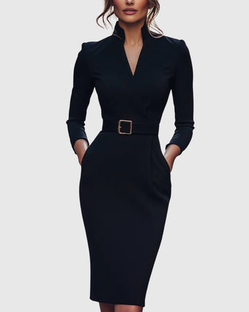 Women's mock wrap winter midi dress with three-quarter sleeves, belted in Black (Almost Sold Out)