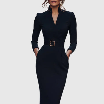 Women's mock wrap winter midi dress with three-quarter sleeves, belted