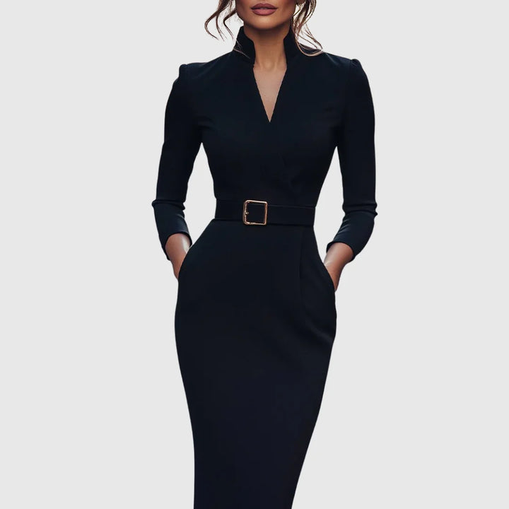 Women's mock wrap winter midi dress with three-quarter sleeves, belted