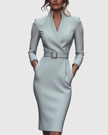 Women's mock wrap winter midi dress with three-quarter sleeves, belted in Gray