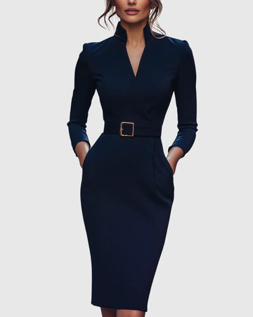 Women's mock wrap winter midi dress with three-quarter sleeves, belted in Navy Blue
