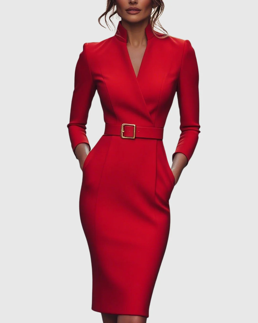 Women's mock wrap winter midi dress with three-quarter sleeves, belted in Red