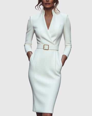 Women's mock wrap winter midi dress with three-quarter sleeves, belted in White