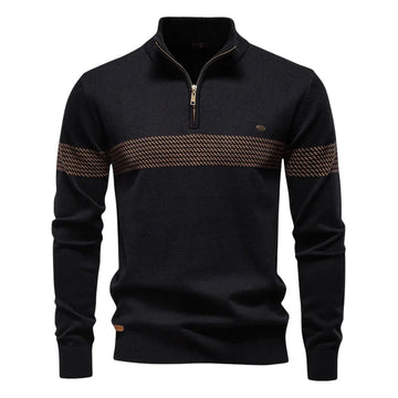 Women's striped knit stand collar winter half zip sweater - Blue