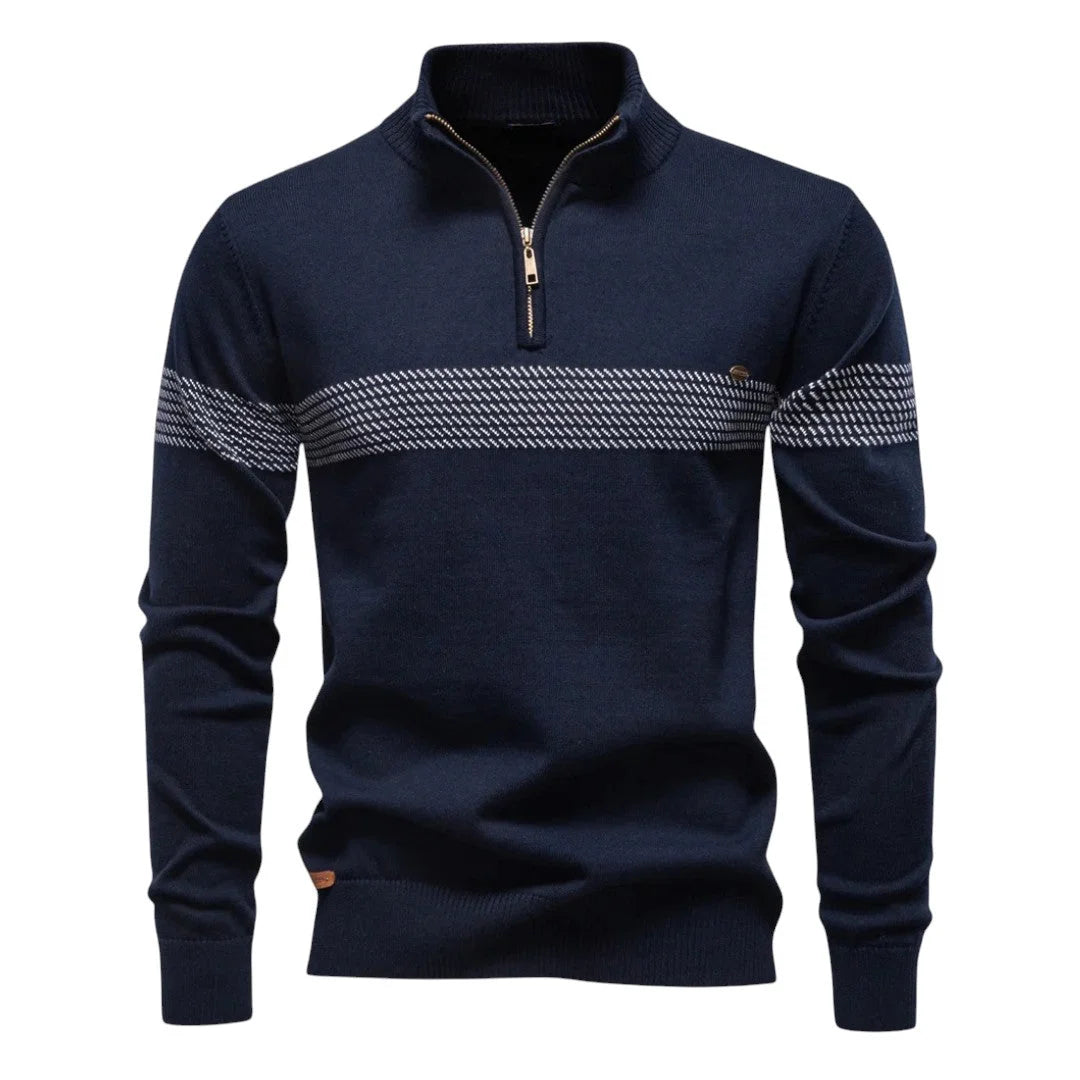 Women's striped knit stand collar winter half zip sweater - Blue